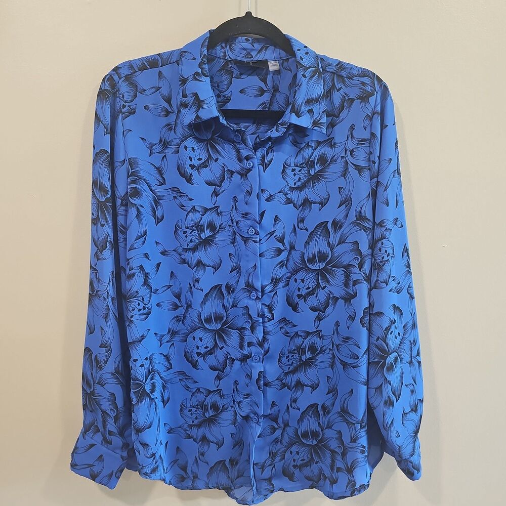 Tahari T Blue & Black Floral Long Sleeve Button Front Blouse XL